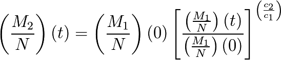 \left(\frac{M_{2}}{N}\right)(t) = \left(\frac{M_{1}}{N}\right)(0) \left[ \frac{\left(\frac{M_{1}}{N}\right) (t)}{\left(\frac{M_{1}}{N}\right) (0)} \right]^{ \left( \frac{c_{2}}{c_{1}} \right)}