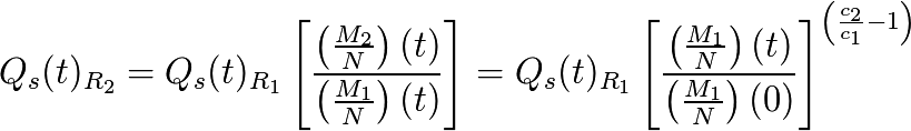 Q_s(t)_{R_{2}} = Q_s(t)_{R_{1}} \left[ \frac{\left(\frac{M_{2}}{N}\right) (t)}{\left(\frac{M_{1}}{N}\right) (t)} \right] = Q_s(t)_{R_{1}} \left[ \frac{\left(\frac{M_{1}}{N}\right) (t)}{\left(\frac{M_{1}}{N}\right) (0)} \right]^{\left( \frac{c_{2}}{c_{1}} - 1 \right)}