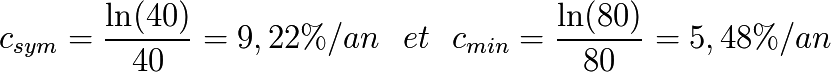 c_{sym}=\frac{\ln(40)}{40}=9,22 \% /an \,\,\,\, et \,\,\,\, c_{min}=\frac{\ln(80)}{80}=5,48 \% /an